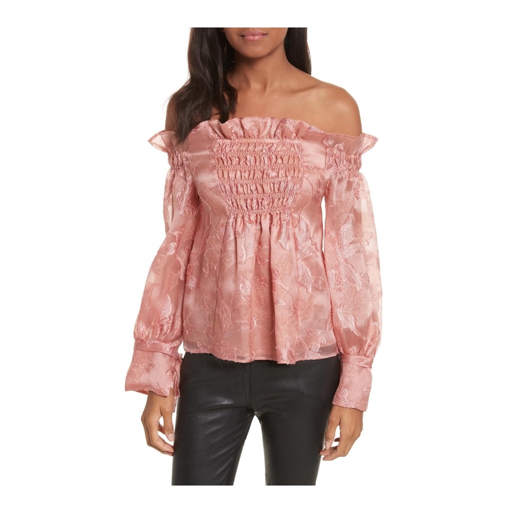Off-the-Shoulder Metallic Floral Organza Blouse 2